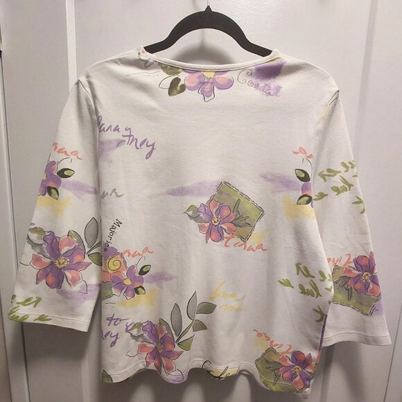 ALIA PETITE White/Purple/Green Floral Design Top w/French Wording - Large - Picture 9 of 11